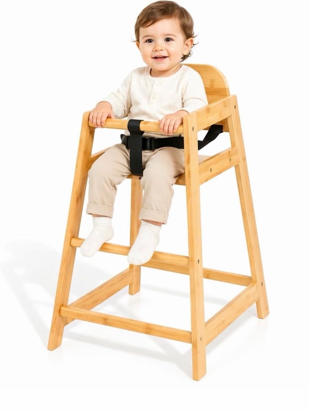 Classic Natural Wood Baby High Chair with Safety Harness
